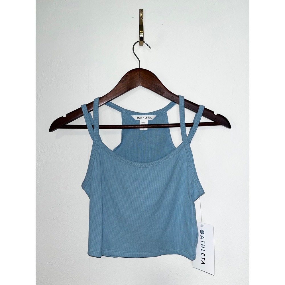 Athleta NWT Signature Rib Wide Binding Cropped Tank Top Light Blue XS Strappy